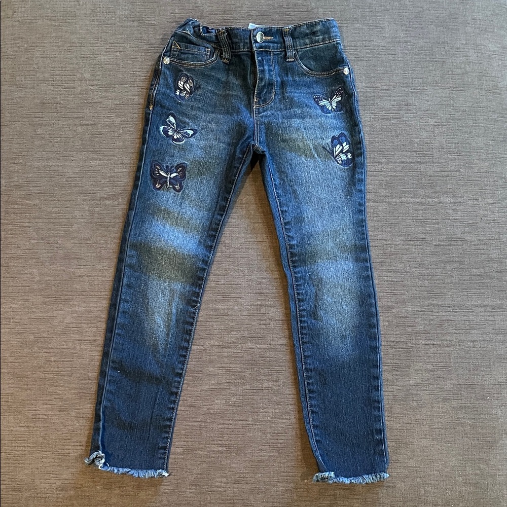 Girls Dark Denim Skinny Jeans Butterfly Embroidery Frayed 6X